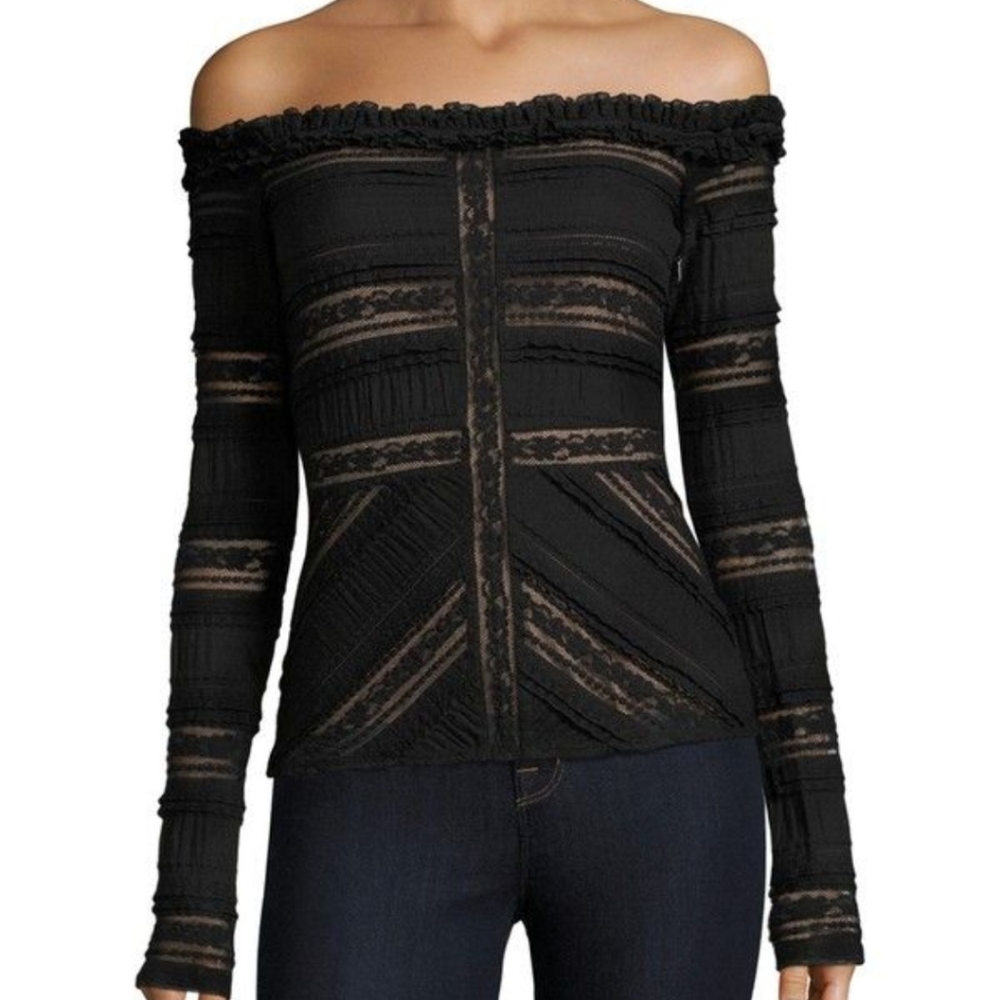 NWOT Cinq A Sept Solene Off the Shoulder Black Lace Top with Nude Lining XS